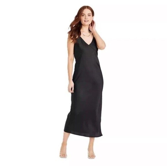 A New Day Women's Black Silky Slip Dress Side Slit Midi Spaghetti Strap Size M - Picture 2 of 10